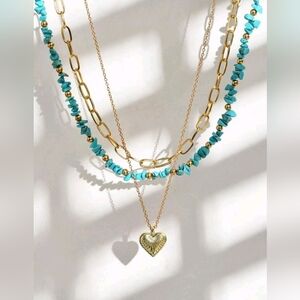 3pcs layered  natural crystal beaded‎ Turquoise stone and gold heart Necklace